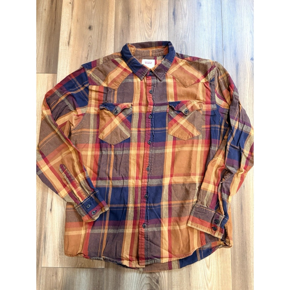 Levi's Western Style Flannel Shirt Men's Large Orange Plaid Cotton Long Sleeve